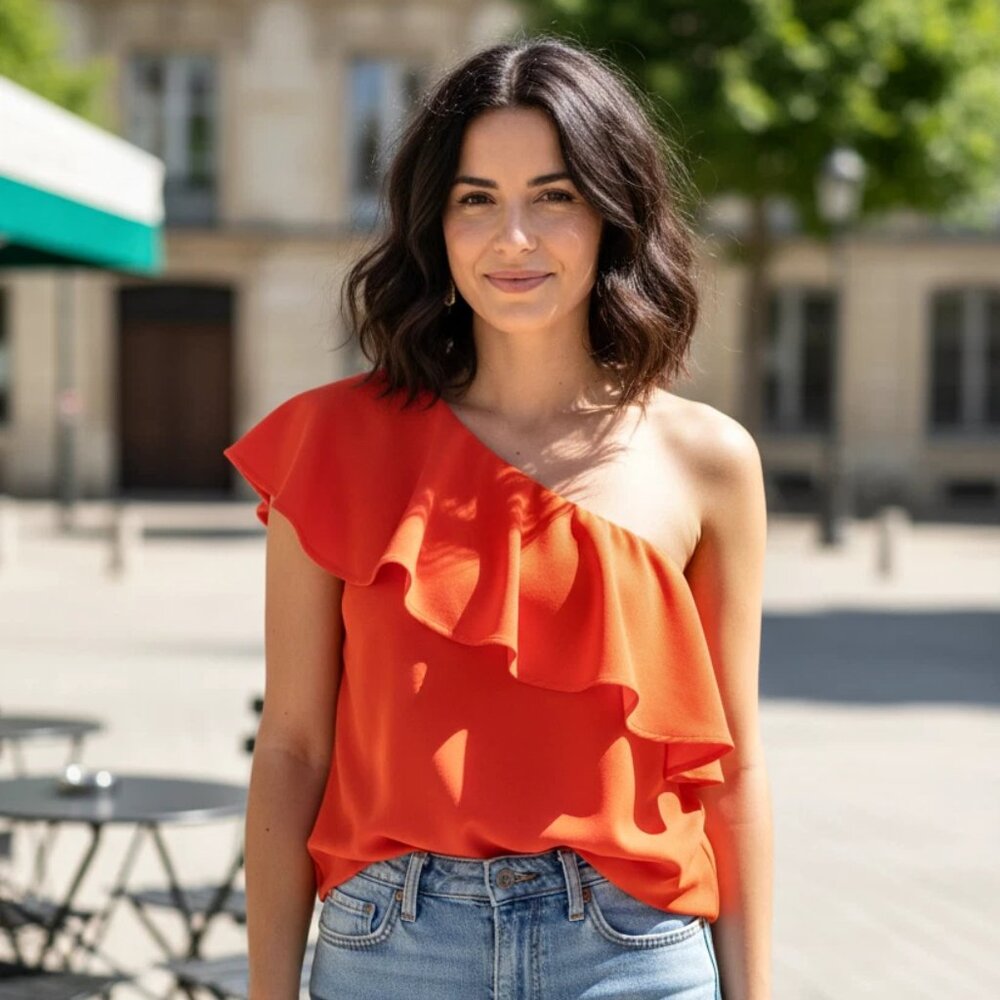 Pleione One Shoulder Top with Bust Ruffle, Orange